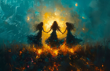 Paint art of witches dancing by the bonfire in mystery forest. AI generative - 783258362