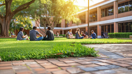 A group of students is seated in a circle on the lush green lawn of a university campus. Atmosphere of academic serenity and collaboration.