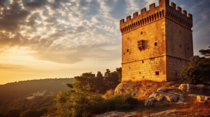 Golden light illuminating ancient fort tower