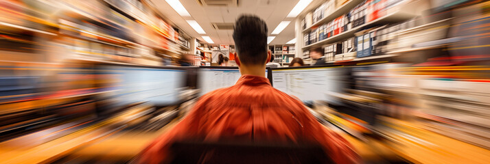 Workers moving swiftly around their desks, creating a vivid blur of motion. A central figure sits at a workstation surrounded by computer monitors,  exemplifying the fast-paced work environment.