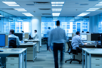 A bustling corporate office with employees engaged in various tasks; some are seated at desks with computer monitors, others are in motion. Urgency and productivity, fast-paced work environment