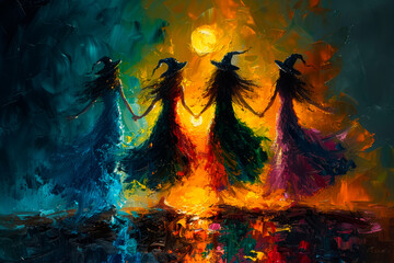 Paint art of witches dancing by the bonfire. AI generative