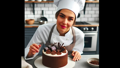 Femme chef pâtissière prépare un gâteau ou cake au chocolat - obrazy, fototapety, plakaty