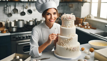 Femme chef pâtissière préparant un gâteau pour un mariage  - obrazy, fototapety, plakaty
