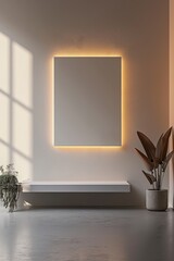Mock up empty picture wall art frame, led light around frame, poster living room interior 