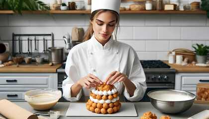 femme chef pâtissière souriante dans une cuisine moderne équipée préparant un gâteau - obrazy, fototapety, plakaty