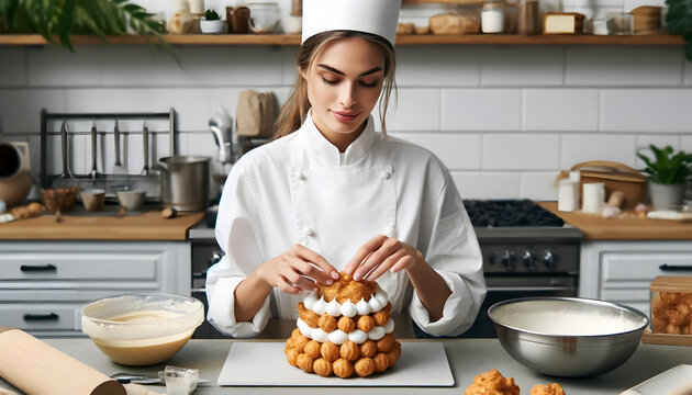 femme chef pâtissière souriante dans une cuisine moderne équipée préparant un gâteau ou cake