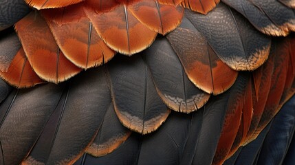 Obraz premium Closeup of hawks wing, feathers, texture,red and brown color. background, wallpaper