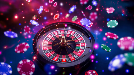 Luxury of the Casino roulette wheel with many chips flying isolation background, Illustration.	