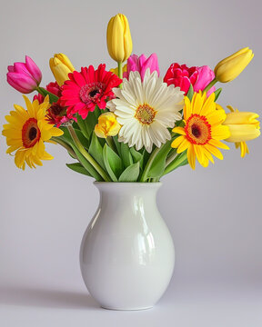 On the table sits a white ceramic vase filled with vibrant yellow tulips, soft pink daisies