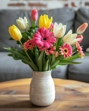 A white ceramic vase holds a vibrant arrangement of yellow tulips, pink daisies, and red ranunculus on the table.