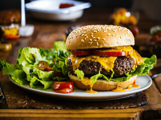 Bitten cheeseburger on a plate