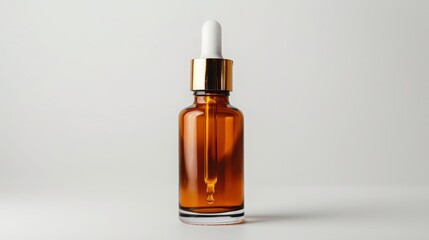 gloss glass bottle of cosmetic vitamin C serum, with a gold rim on the lid and a dropper, on white background
