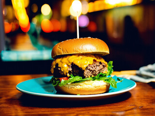 Bitten cheeseburger on a plate