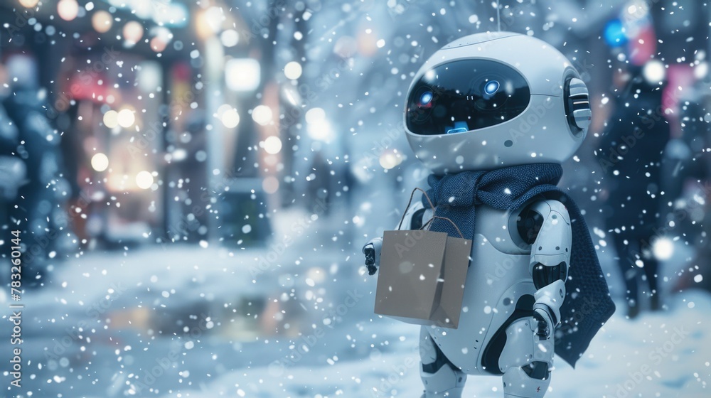 Poster robot walking in the snow with a shopping bag, suitable for technology and winter themed projects