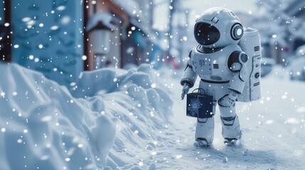 Toy astronaut exploring snowy landscape, suitable for educational projects - obrazy, fototapety, plakaty