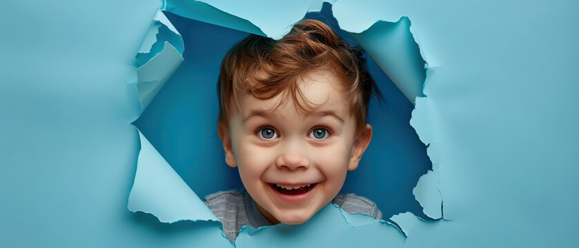 A young boy is peeking out from behind a paper hole. Concept of curiosity and wonder as the child looks out into the unknown