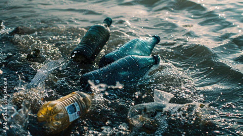 Poster plastic bottles floating on water surface, environmental pollution concept. suitable for environment
