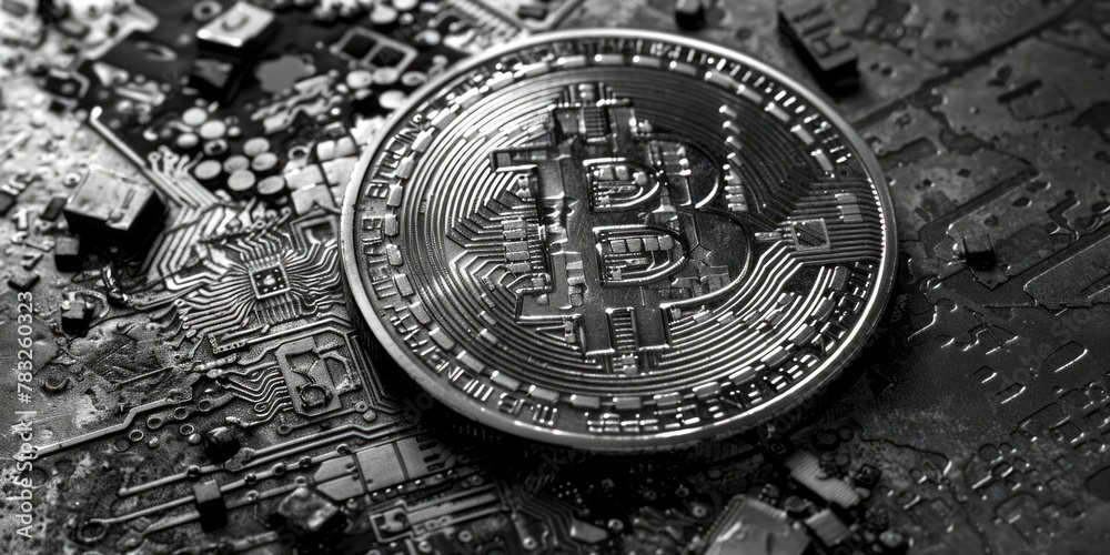 Aufkleber A bitcoin sitting on top of a computer motherboard. Perfect for technology and cryptocurrency concepts