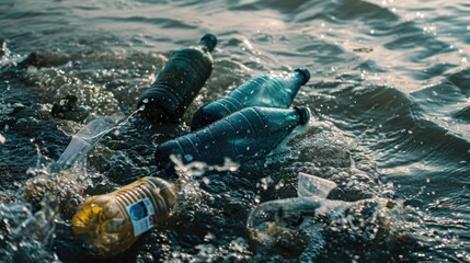 Plastic bottles floating on water surface, environmental pollution concept. Suitable for environmental campaigns - obrazy, fototapety, plakaty