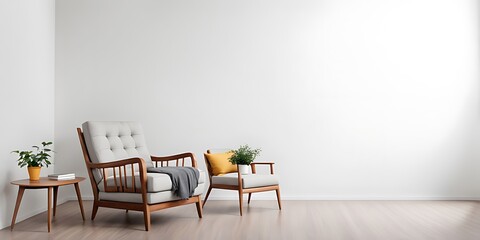 Interior of a bright living room with armchair on empty white wall background.