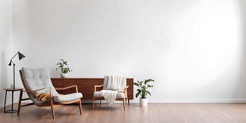 Interior of a bright living room with armchair on empty white wall background. - obrazy, fototapety, plakaty
