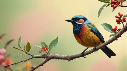 Enchanting bird perched on a branch. Pastel background. Generative AI.

