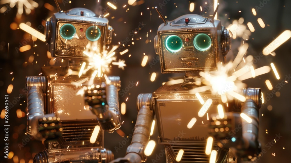 Poster A couple of robots standing next to each other. Ideal for technology and innovation concepts