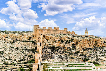 Views of the Walls of San Cristobal Hill in front of the Alcazaba of Almeria, Spain