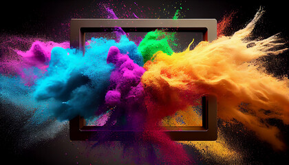 Product display frame with colorful powder paint explosion of closeup background