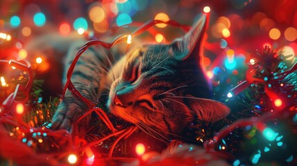 A cozy cat laying on a festive pile of Christmas lights. Perfect for holiday themes - obrazy, fototapety, plakaty