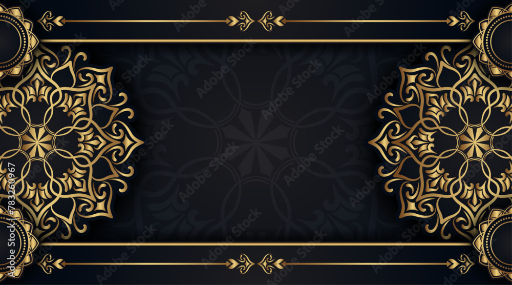 Wall mural black luxury background  with gold mandala ornaments