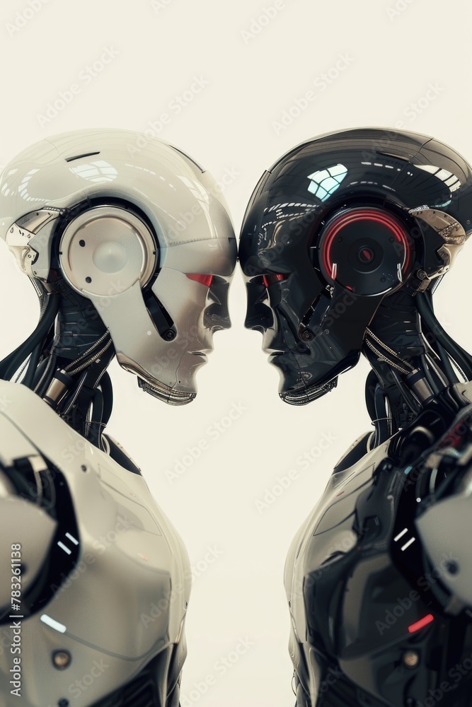 Poster Two robots with glowing red eyes in a confrontation, suitable for sci-fi or technology concepts