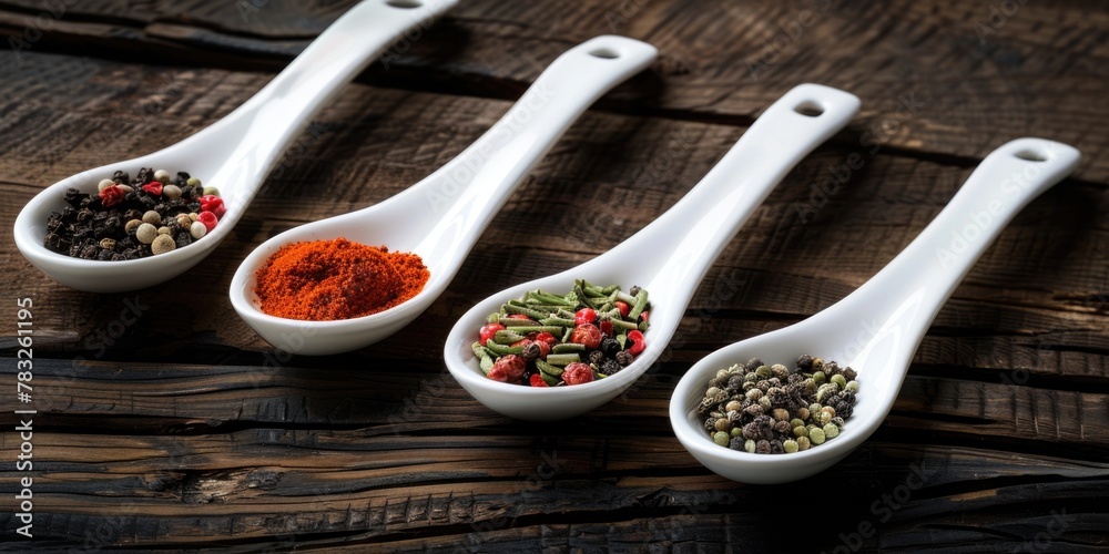 Poster three spoons filled with different kinds of spices. great for culinary projects