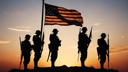 Silhouettes of soldiers returning from war waving an American flag. Generative AI.

