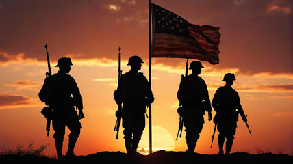 Fototapeta na wymiar Silhouettes of soldiers returning from war waving an American flag. Generative AI.