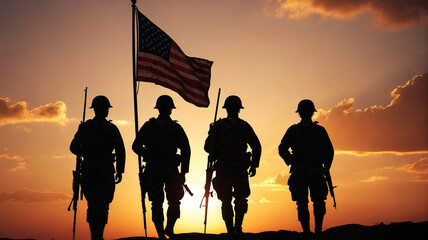 Silhouettes of soldiers returning from war waving an American flag. Generative AI.

 - obrazy, fototapety, plakaty
