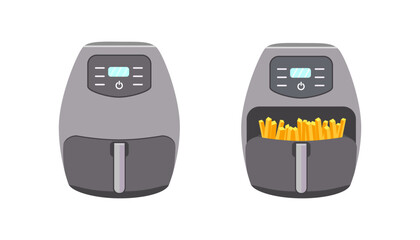 Set of Air Fryers. Left air fryer is closed.  Сooking. Right air fryer drawer pulled out, revealing golden brown fries inside. Сooking process is complete