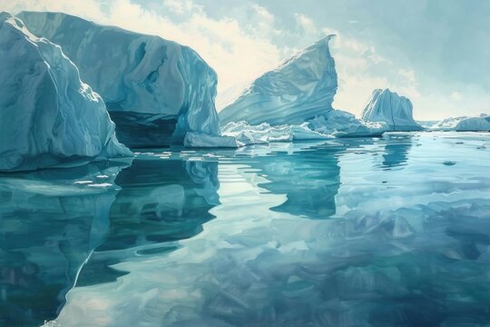 A serene image of icebergs floating in a body of water. Perfect for environmental or travel designs