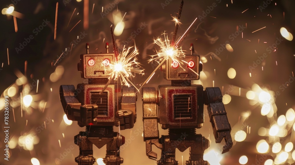 Poster Two toy robots standing side by side. Suitable for technology and robotics concepts