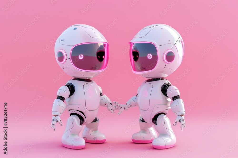 Poster Two robots shaking hands on a vibrant pink backdrop. Ideal for technology and futuristic concepts