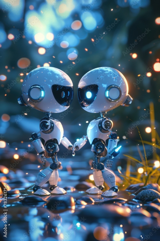 Poster Two robots standing next to each other, suitable for technology concepts