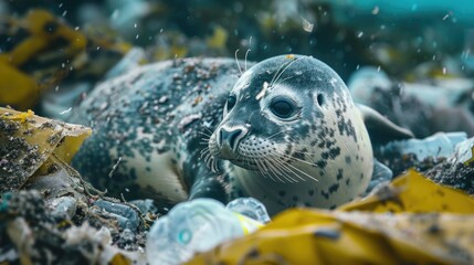 A seal laying peacefully on a pile of seaweed. Suitable for marine life concepts