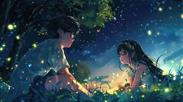 A couple is sitting in a forest at night, looking up at the stars. Scene is romantic and peaceful