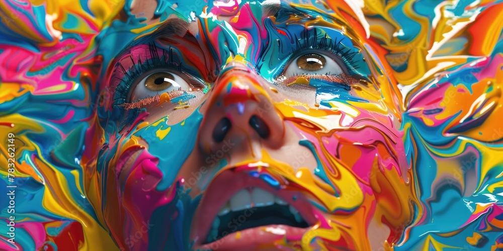 Poster close up of a person with colorful face paint, suitable for creative projects