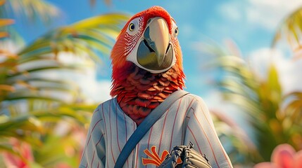 A happy parrot in baseball attire, embodying a sense of liberation and contentment, against a backdrop of pastel colors that evoke serenity and charm 