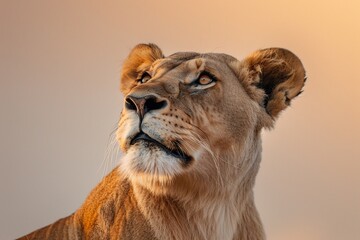 A lion coach radiating kindness and joy, against a soft light sienna backdrop, ready to inspire and uplift 