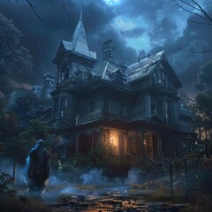A haunted house with a tragic history and a ghostly presence that shows no mercy to the intrepid explorer who dares to uncover its secrets  - obrazy, fototapety, plakaty