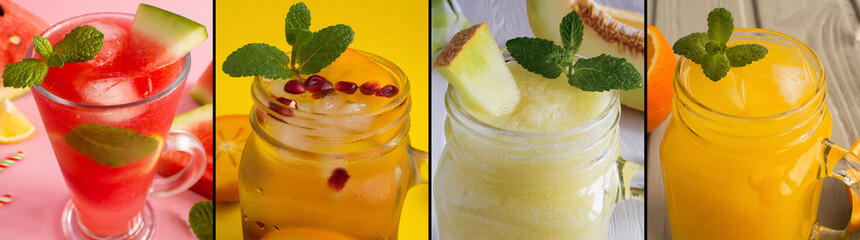 Collage of summer drink and smoothie with fruit and berry. Close-up.