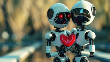 Two robots holding a red heart, suitable for technology or love concepts